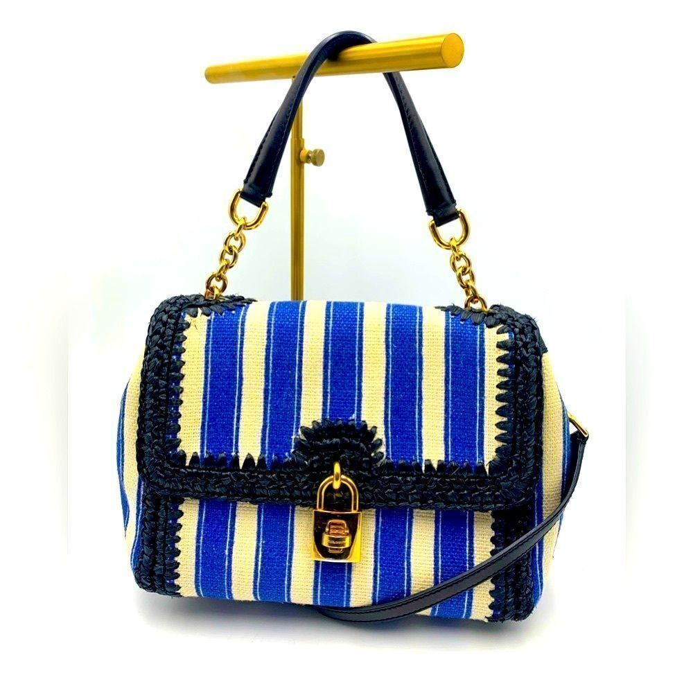 Auth Dolce & Gabbana Blue White Striped Canvas Raffia Handbag Lock Key Preloved